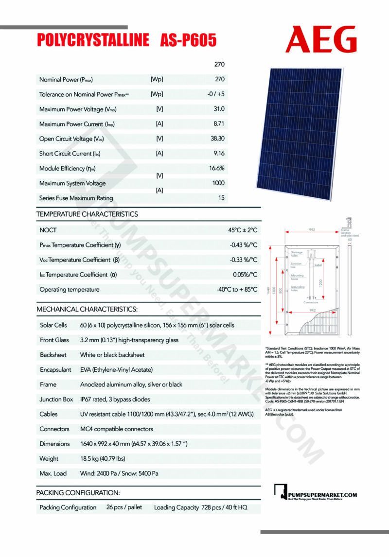 AEG SOLAR PANEL POLYCRYSTALLINE MODULE 60 CELLS  - AS-P605 - 270W - 31V - Image 2