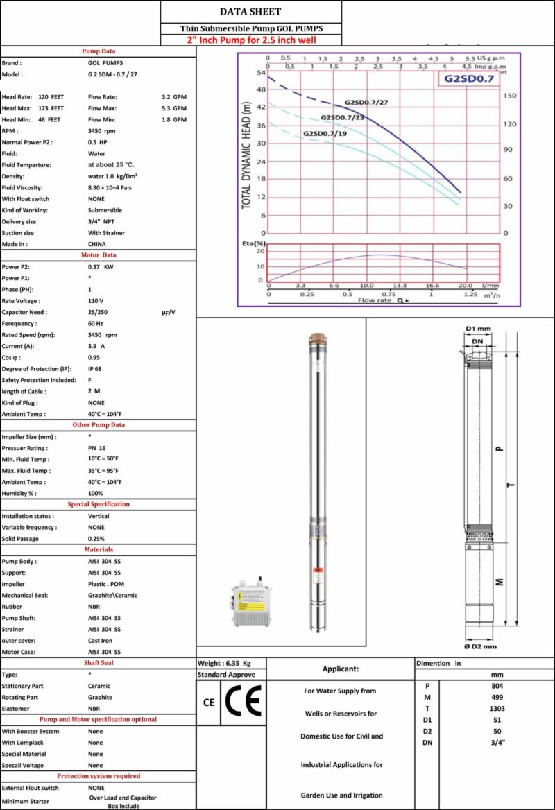 2" Thin Submersible Pump 5.2 GPM - 3 Wire - 170 ft - 110/220V - 0.5HP Motor with Splice kit - Image 2
