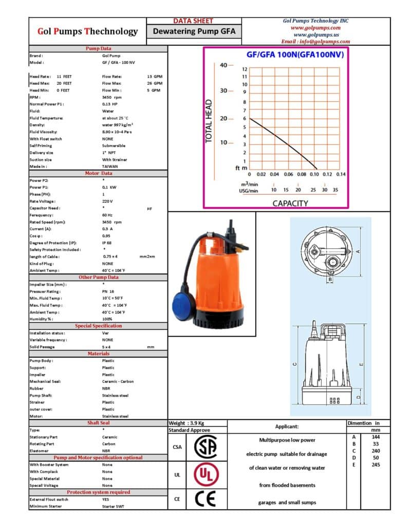 Drainage and Utility Pump - 1,560GPH, 0.13HP, 115V, 1P, Model: GFA-100N - Image 2