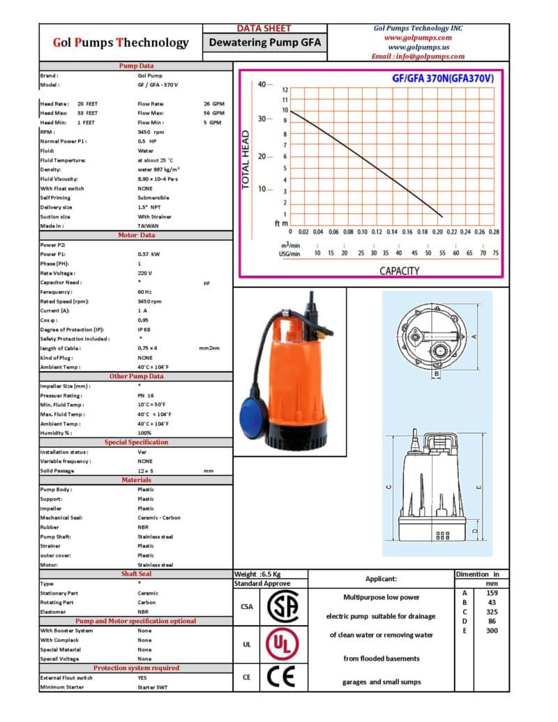 Drainage and Utility Pump - 3,180GPH, 0.50HP, 115V, 1P, Model: GFA-370 - Image 2