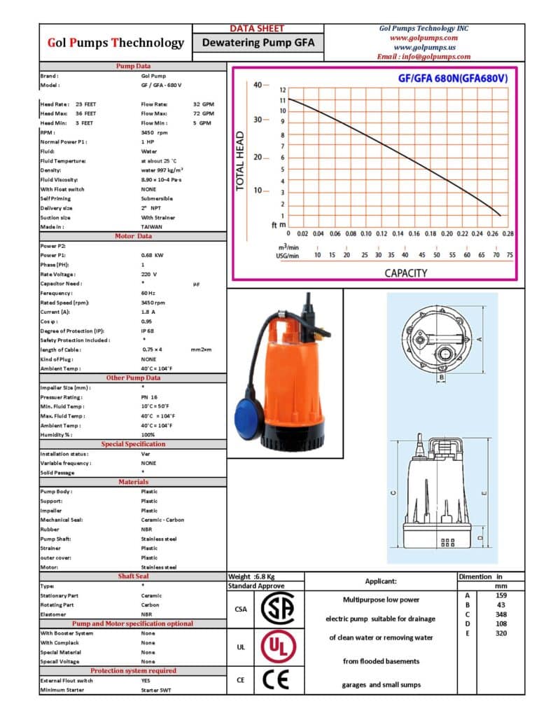 Drainage and Utility Pump - 4,260GPH, 0.90HP, 115V, 1P, Model: GFA-680 - Image 2