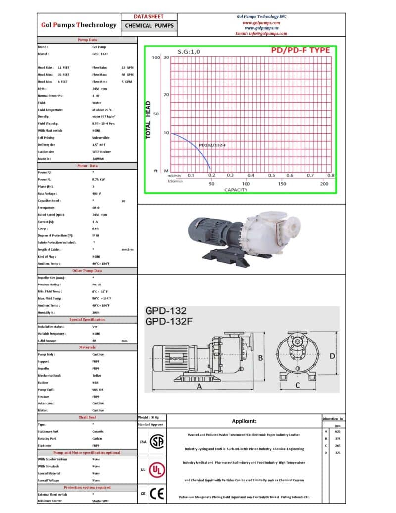 GPD-132F Chemical Pump - 1HP, 230V , 3P, 3012GPH - PVDF - Image 2
