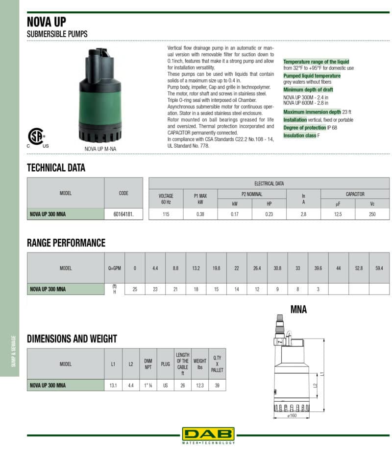 DAB NovaUp Sump Pump Drainage Pump, 0.23HP, 2376GPH, 115V, Model 300MNA - Image 2