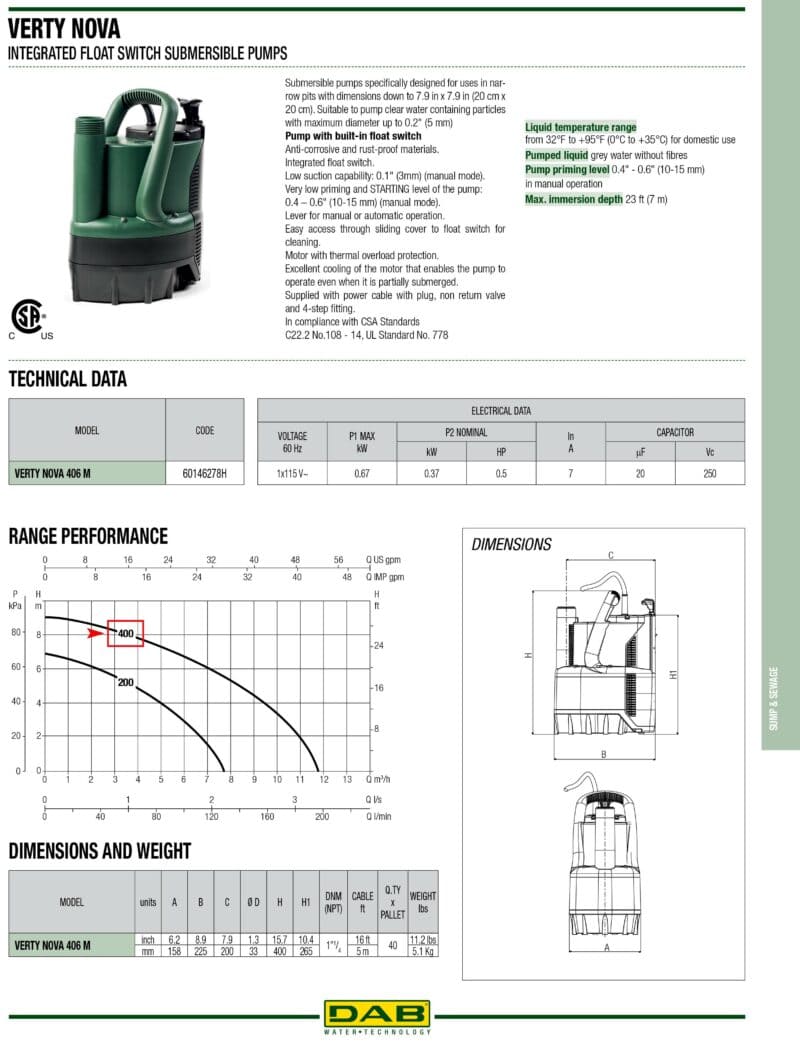 DAB VERTY NOVA Sump Pump Drainage Pump, 0.5HP, 3000GPH, 115V, Model 406M - Image 3
