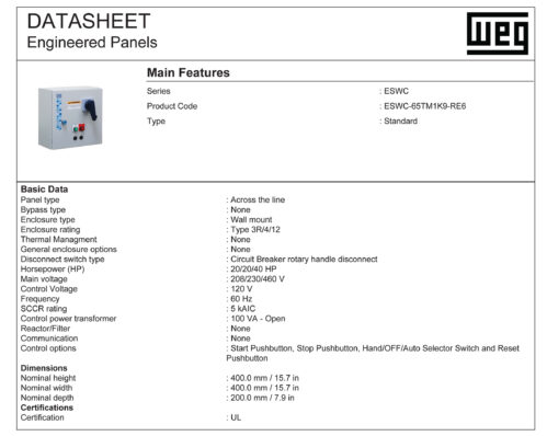 Control Panel Combination Starter WEG Control Panel ESWC Series Combination Starters 20/40HP~ 3PH ~ 208 ...