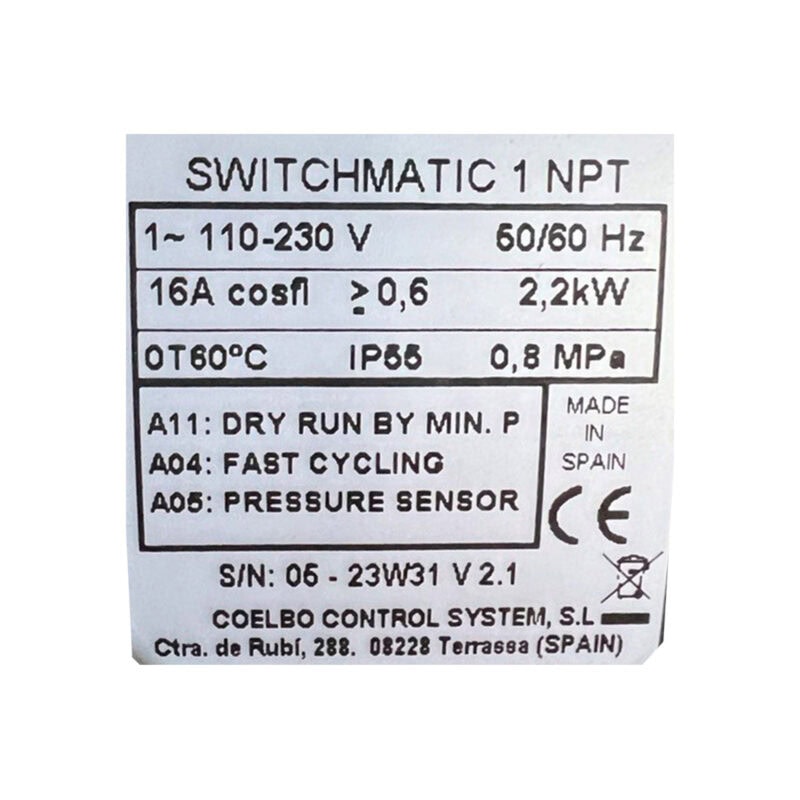 COELBO Electronic pressure switch with an integrated digital pressure gauge, 110/220V, 1P, 108 PSI, IP65, Model SWITCHMATIC 1 - Image 3