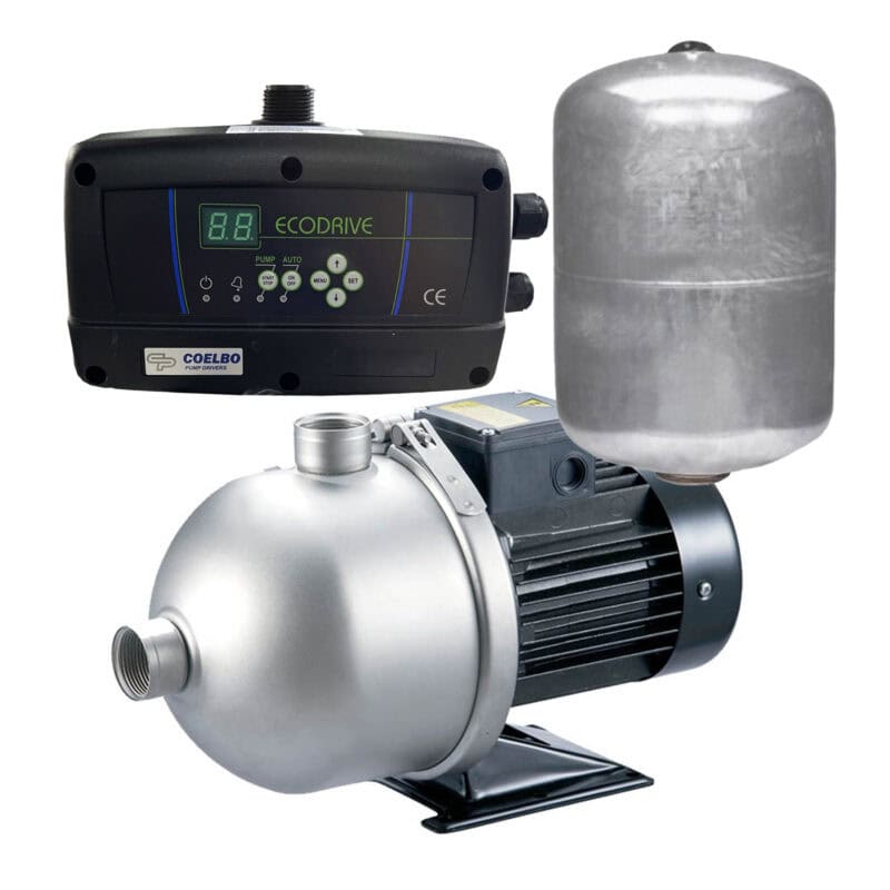 Variable Speed Booster Pump Set with Ecodrive & 5.3-Gallon SS Pressure Tank, 1.3HP, 220V – Energy-Efficient Water Pressure System, Model HBN 2-50 SS316